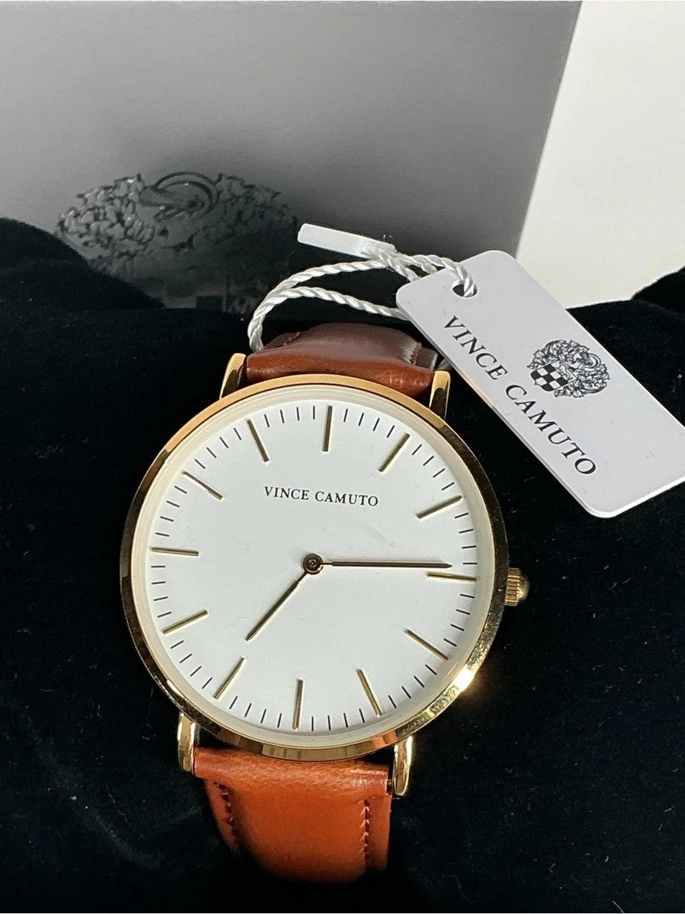Vince Camuto Brown Leather Strap Watch with Gold Case and White Dial